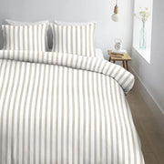 full bed: Ally 100% cotton duvet cover with sand and white stripes, styled on a bed with matching pillows